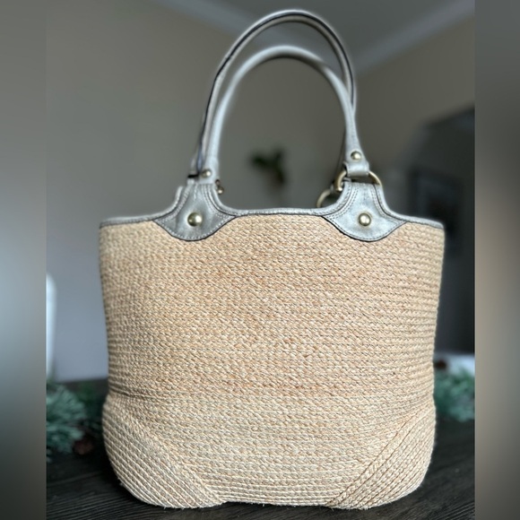 Coach Bleeker Natural Straw Metallic Bronze Floral Embroidered Logo Tote! - Picture 7 of 10